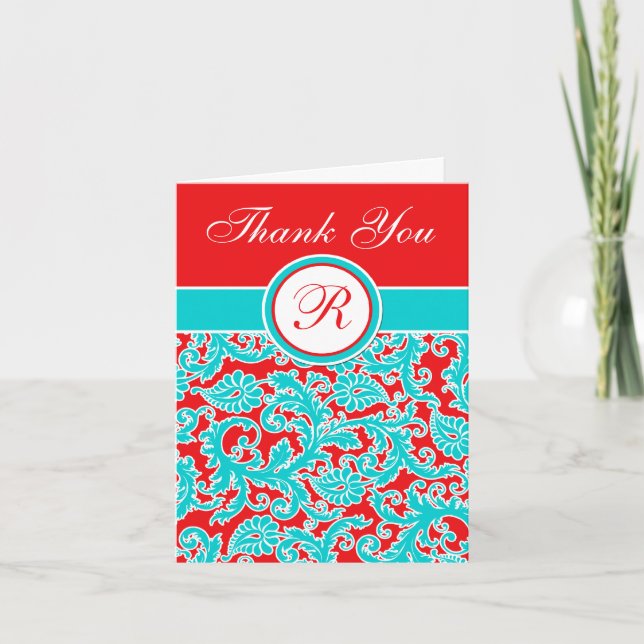 Blue Red White Damask Monogram Thank You Note Card (Front)