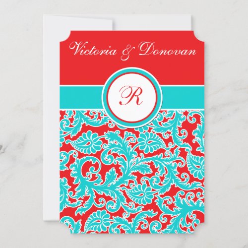 Blue Red White Damask Monogram Wedding Invitation