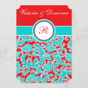 Blue Red White Damask Monogram Wedding Invitation
