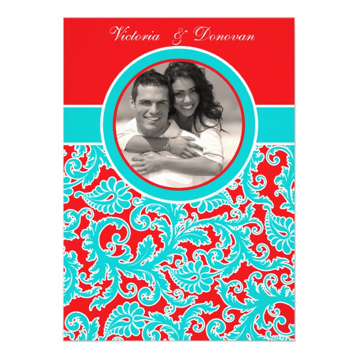 Blue Red White Damask Photo Wedding Invitation