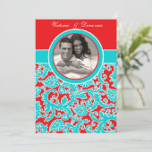 Blue Red White Damask Photo Wedding Invitation (Standing Front)