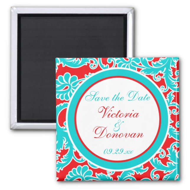 Blue Red White Damask Save the Date Magnet (Front)