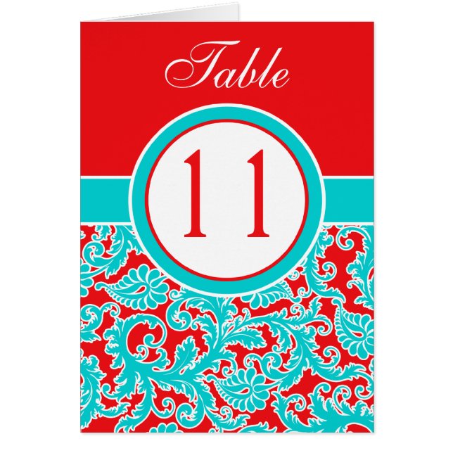 Blue Red White Damask Table Number Card (Front)