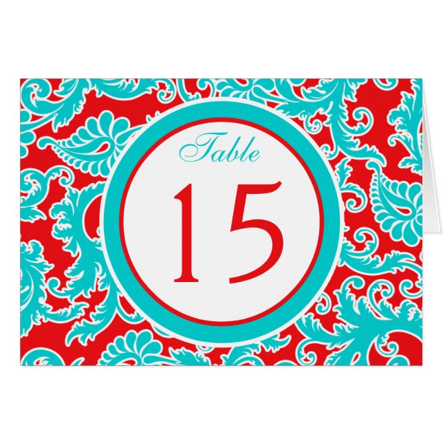 Blue Red White Damask Table Number Card (Front Horizontal)