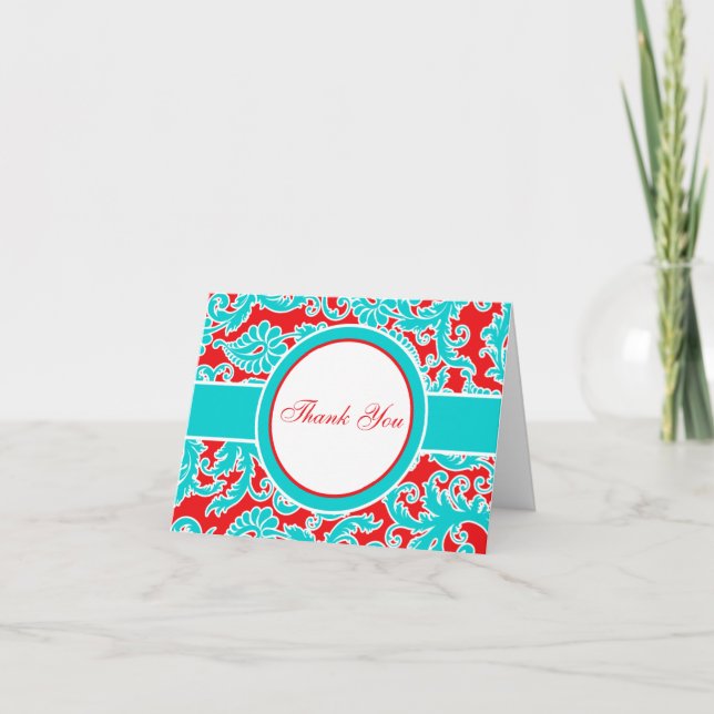 Blue Red White Damask Thank You Note Card (Front)