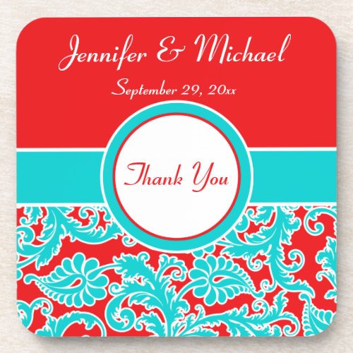 Blue Red White Damask Wedding Coaster Set 6