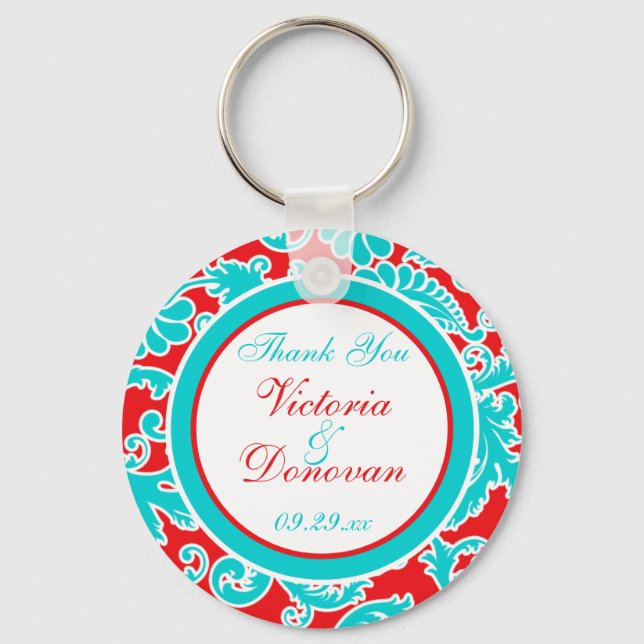 Blue Red White Damask Wedding Favor Keychain (Front)