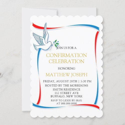  Blue Red White Dove Confirmation Celebration Invitation