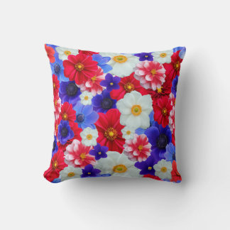 Blue, Red, White Flower Pattern Design Throw Pillo Pillow