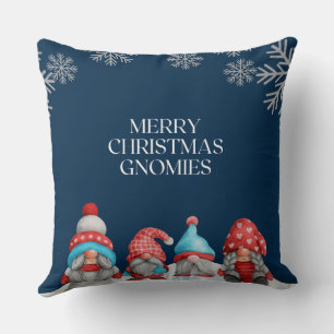 Blue Red White Gnomes Pun and Snowflakes Christmas Throw Pillow
