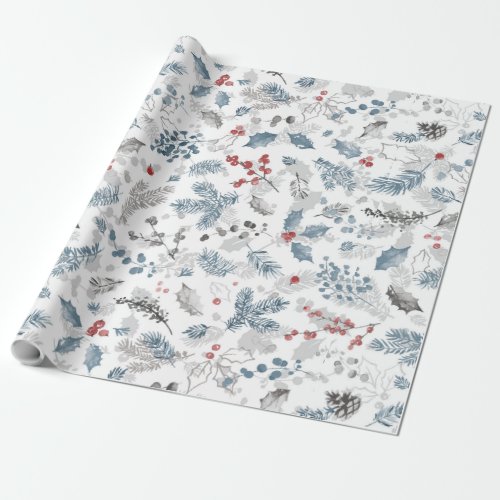 Blue Red White Holiday Foliage Christmas Wrapping Paper
