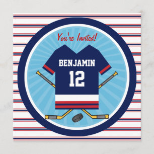 Blue Red White Ice Hockey Jersey Birthday Party Invitation
