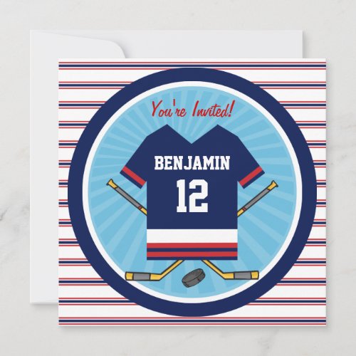 Blue Red White Ice Hockey Jersey Birthday Party Invitation