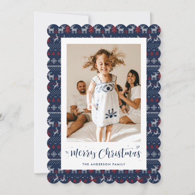 Blue Red White Knitted Photo Merry Christmas Card (Front)