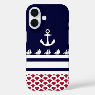 Blue Red White Nautical Stripes and Anchor iPhone 16 Case