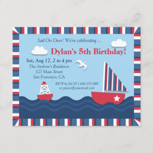Blue Red White Nautical Theme Birthday Party Invitation