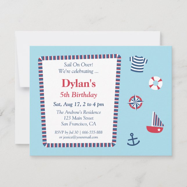 Blue Red White Nautical Theme Birthday Party Invitation (Front)
