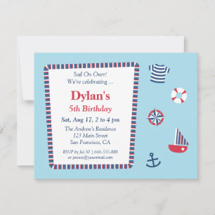 Blue Red White Nautical Theme Birthday Party Invitation