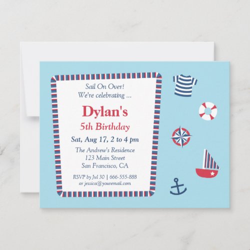 Blue Red White Nautical Theme Birthday Party Invitation