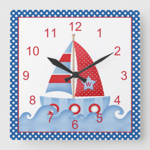 Blue Red White Sailboat Clock