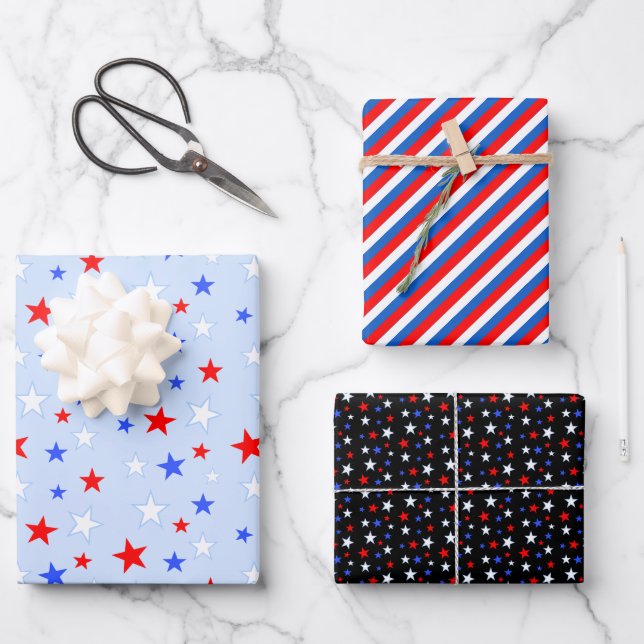 Blue Red White Stars and Stripes Wrapping Paper Sheets (Front)