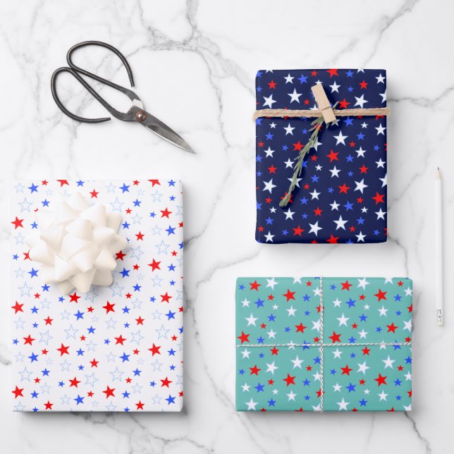 Blue Red White Stars Wrapping Paper Sheets (Front)