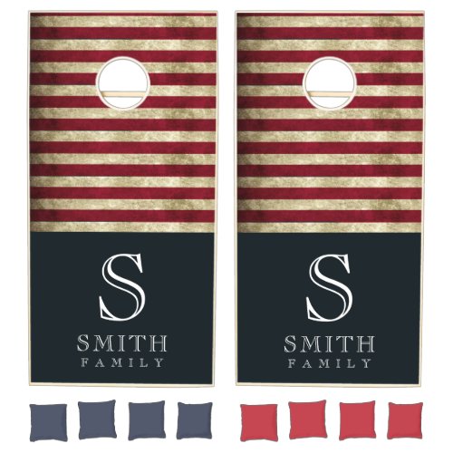 Blue Red White Stripe Monogram Family Name USA Cornhole Set