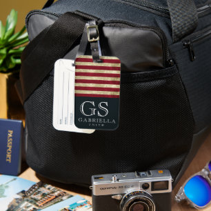Blue Red White Stripe Monogram Name USA Travel Luggage Tag