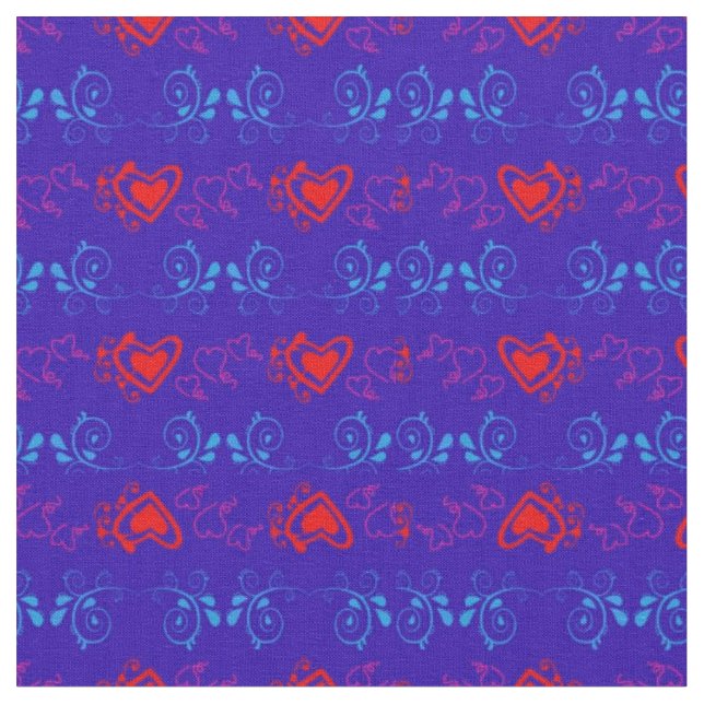 Blue & Red with Hearts Fabric Pattern by Serenity (Close Up)
