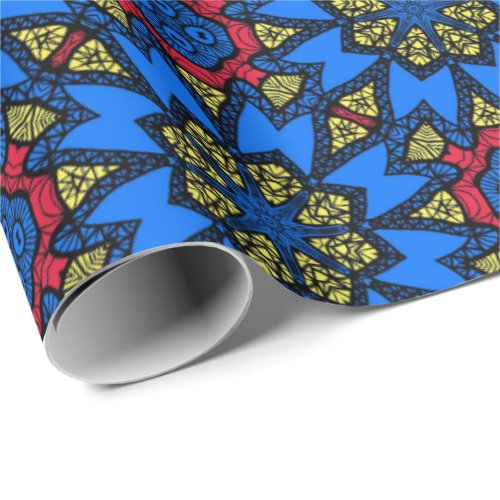 Blue Red Yellow African Tribal Ethnic Pattern Wrapping Paper