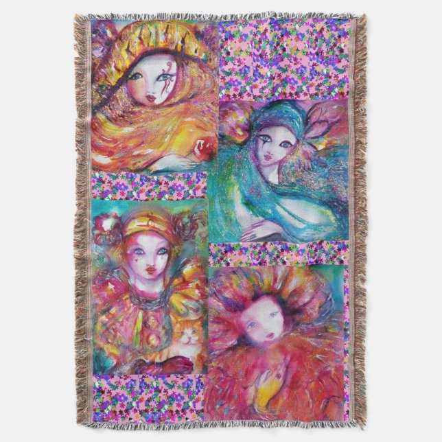 BLUE,RED,YELLOW CARNIVAL MASKS WITH CONFETTI THROW BLANKET (Front Vertical)