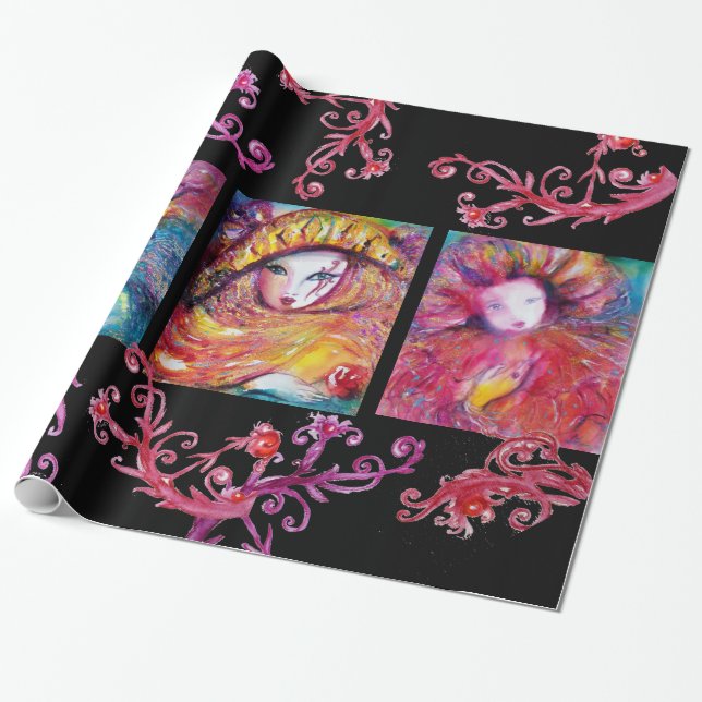 BLUE,RED,YELLOW CARNIVAL MASKS WITH FLORAL SWIRLS WRAPPING PAPER (Unrolled)
