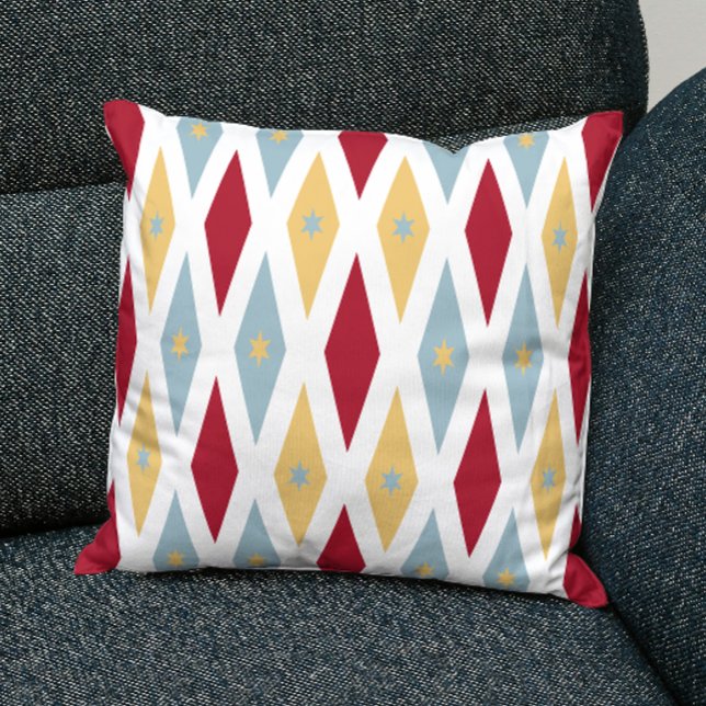 Blue Red Yellow Diamonds And Stars Mid-century Throw Pillow (Creator Uploaded)