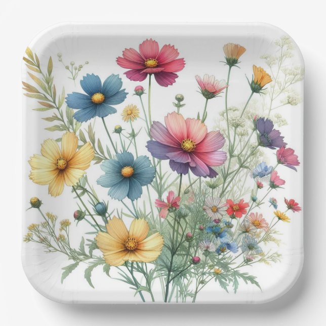 Blue Red Yellow Floral Paper Plates, Botanical Plates (Front)