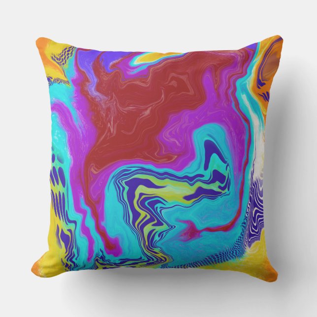 Blue, red, yellow Fluid Art Digital Pour Painting Outdoor Pillow (Front)