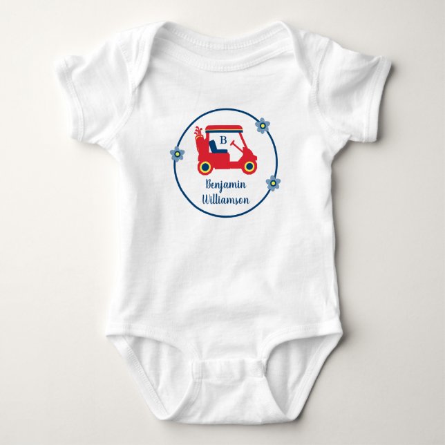 Blue Red Yellow Golf Theme Name Monogram  Baby Bodysuit (Front)