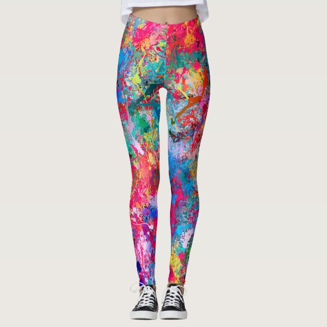 Blue Red Yellow Green Pink Teal Splash Abstraction Leggings (Front)