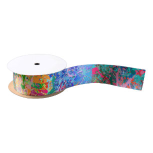 Blue Red Yellow Green Pink Teal Splash Abstraction Satin Ribbon