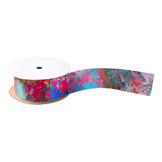 Blue Red Yellow Green Pink Teal Splash Abstraction Satin Ribbon (Spool)