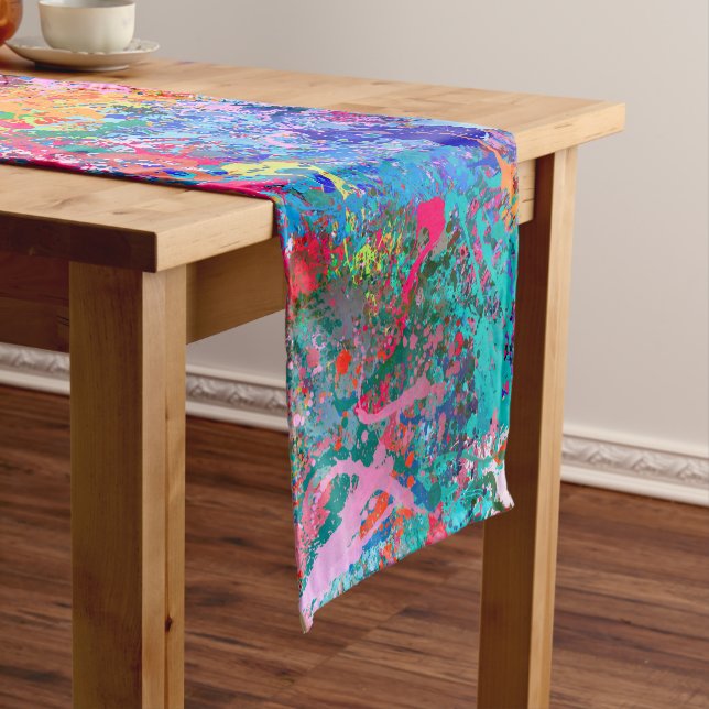 Blue Red Yellow Green Pink Teal Splash Abstraction Short Table Runner (In Situ)