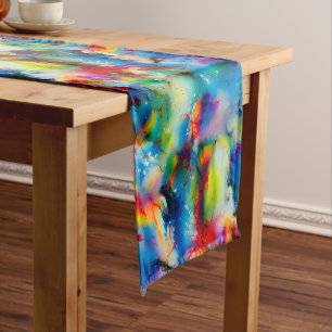 Blue Red Yellow Green Watercolor Abstraction Short Table Runner