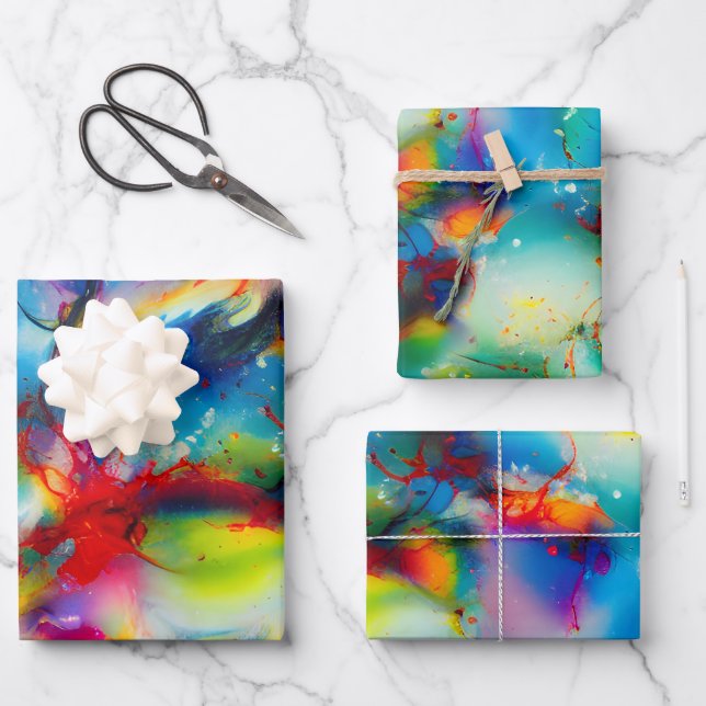 Blue Red Yellow Green Watercolor Abstraction Wrapping Paper Sheets (Front)