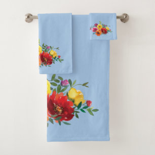 Blue Red Yellow Pink Watercolor Floral Bath Towel Set