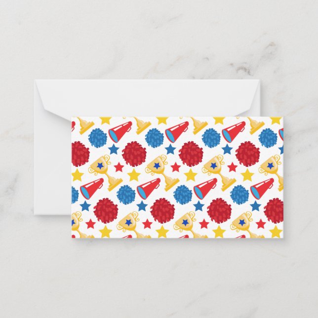 Blue Red Yellow Stars Cheerleader Megaphone Pom Note Card (Front)