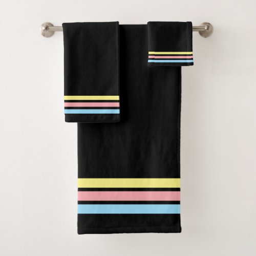 Blue Red Yellow Stripes on Black Bath Towel Set