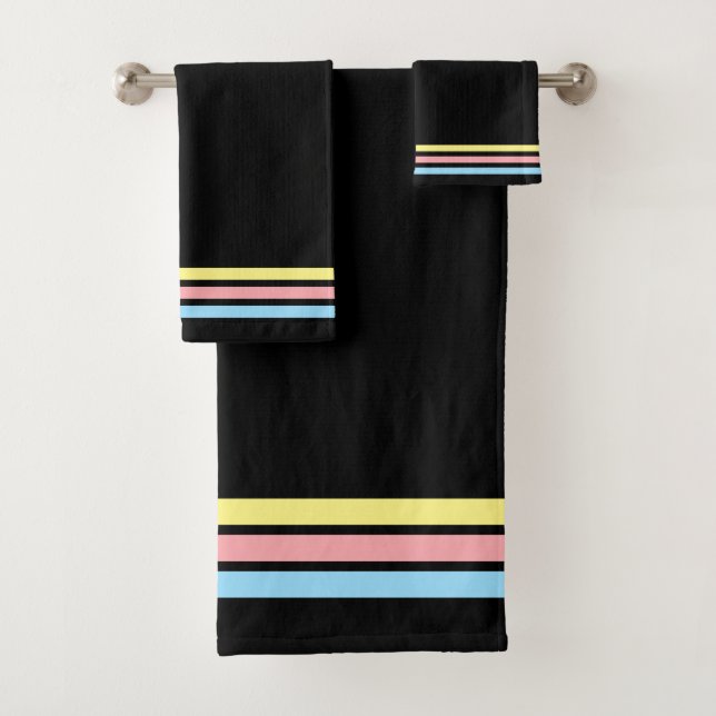 Blue Red Yellow Stripes on Black Bath Towel Set (Insitu)