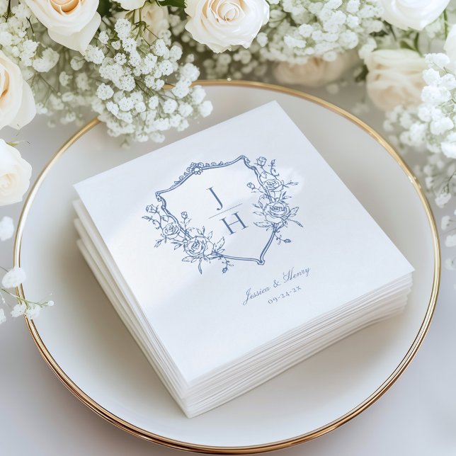 Blue Regency Floral Crest Monogram Wedding  Napkins (Creator Uploaded)