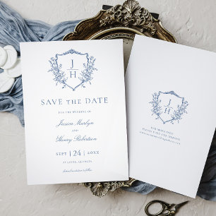 Blue Regency Floral Crest Monogram Wedding Save The Date