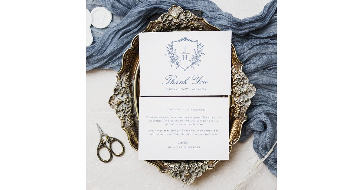 Blue Regency Floral Crest Monogram Wedding Thank You Card | Zazzle