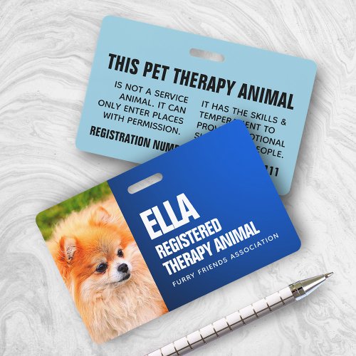 Blue Registered Therapy Animal Custom Photo ID Badge